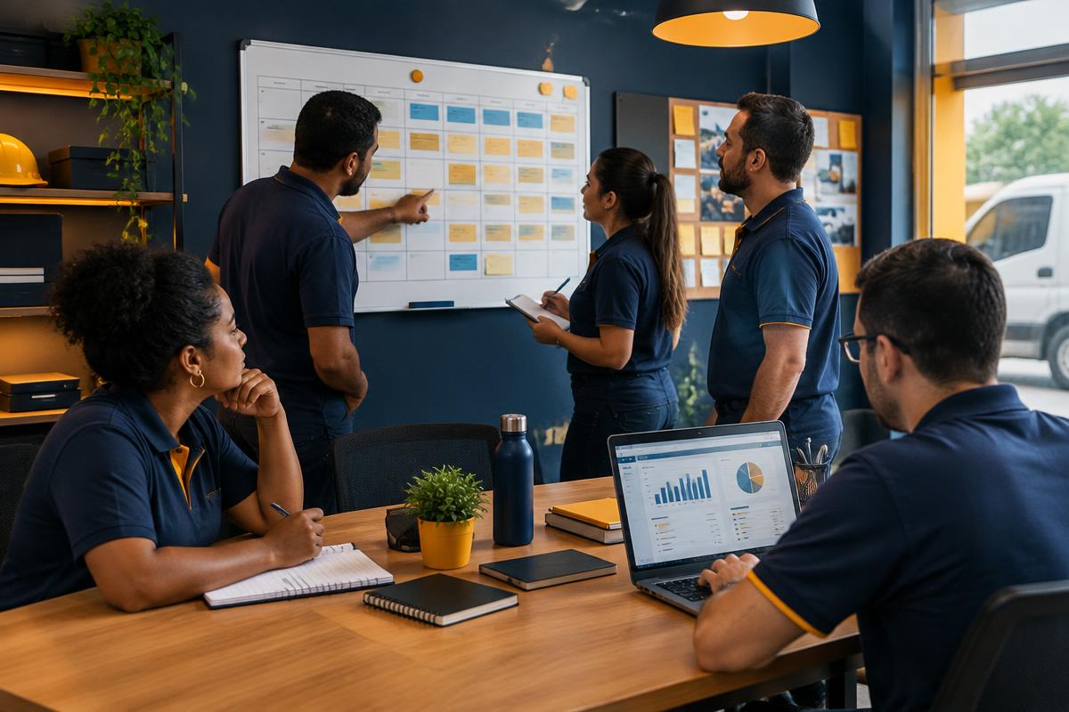 Equipe de prestadores organizando agenda e gestão de serviços em conjunto