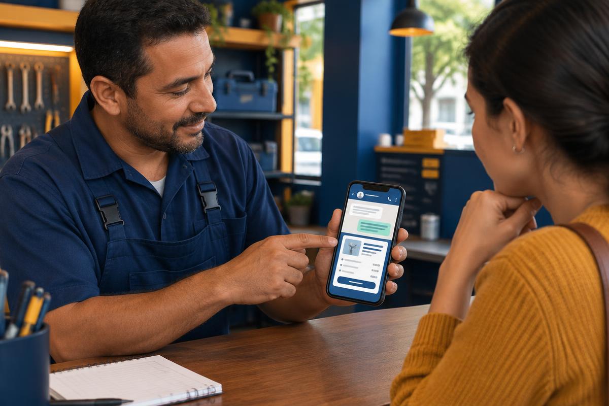 Prestador mostrando a uma cliente um orçamento enviado pelo celular