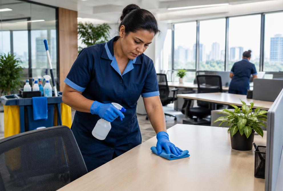 Profissional de limpeza profissional em atendimento