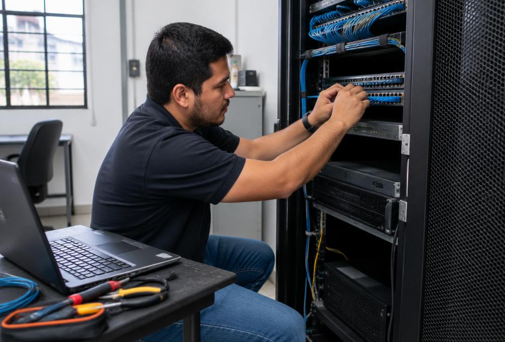 Profissional de tecnologia e redes em atendimento